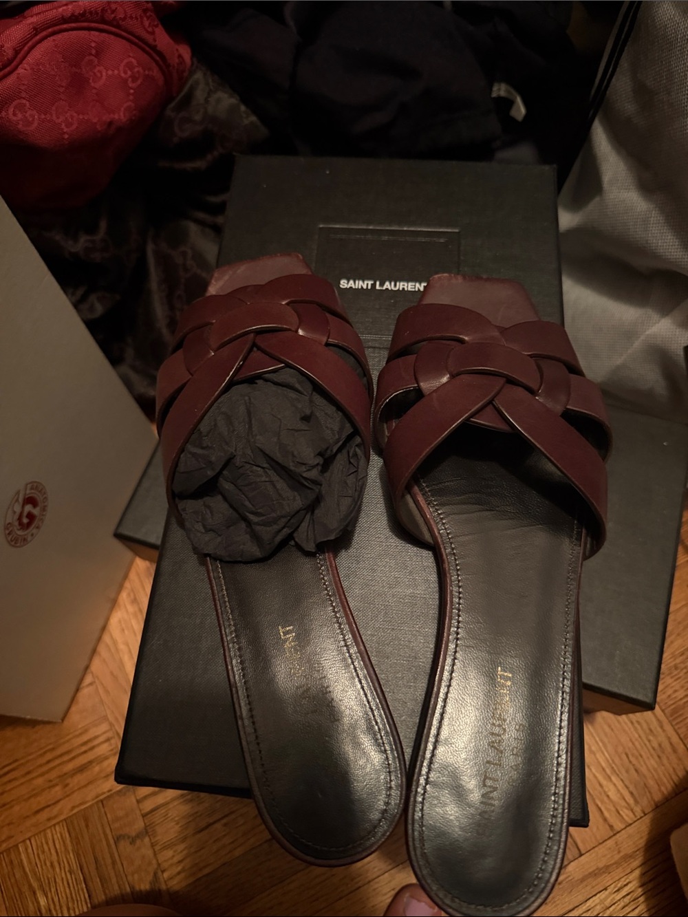 Saint Laurent Burgundy Woven Leather Slide Mules
